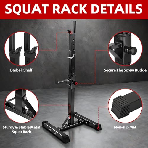 JupiterForce Adjustable Squat Rack Stands Pair of Sturdy Steel Bench Press Rack, Barbell Rack, 40''-66'' 550lbs Max Load Portable Weight Lifting Dumbbell Racks Stands for Home Gym, Black