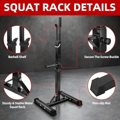 JupiterForce Adjustable Squat Rack Stands Pair of Sturdy Steel Bench Press Rack, Barbell Rack, 40''-66'' 550lbs Max Load Portable Weight Lifting Dumbbell Racks Stands for Home Gym, Black