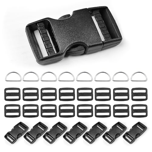 8 pack 3/4" Quick Side Release Buckles, Tri-Glide Slide Clip 16 PCS, 8 Metal D-Ring, Dual Adjustable No Sewing Clips, Plastic Buckles Replacement for Nylon Webbing Straps Backpack Belt Dog Collars - color: 3/4" 8 Pcs Buckle Set