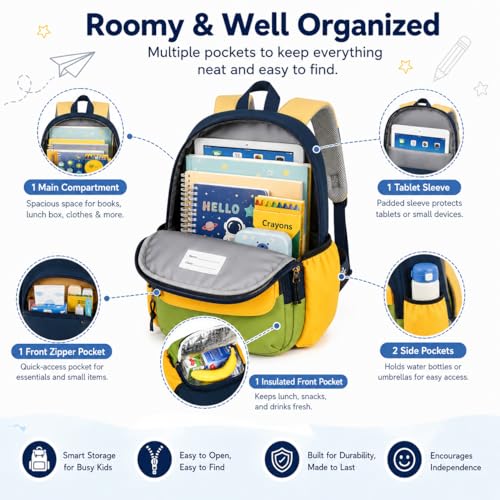 BTOOP Kids Backpack for Boys 3-6, Preschool Kindergarten Backpack with Insulated Lunch Compartment & Chest Strap, Cute Lightweight School Travel Bag Fits A4 Folder - color: Navy-blue, size: Age 3-6 (14.5" H Fit Folder)