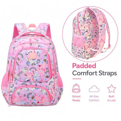 MYGOO Girls School Backpack Doubleday Unicon Pink Bookbag for Elementary Middle School Ages 5-12, 17 inch Large Capacity 24L Kids Student Travel Bags - color: Doubleday Unicon Pink