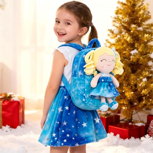 Gloveleya Toddler Backpack Baby Girl Gifts Plush Curly Girl Doll Backpacks Blue Dress with Glitter Stars 9 inches - color: A001 Hot Stamping Blue Backpack, size: 9 inches