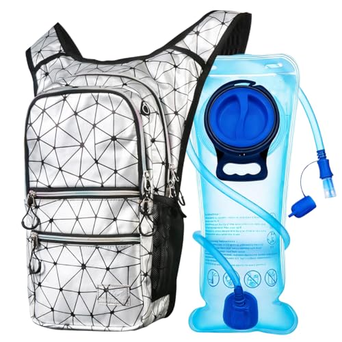 Mothybot Hydration Backpack Pack, Water Backpack 20L Capacities Included 2L Hydration Bladder, Festival Essential - Rave Hydration Pack Hydropack Hydro for Hiking, Festival Gear - color: Stylish Silver Geometric