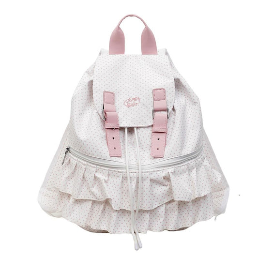 Cute Polka Dot Lace Backpack for Women Flap-top Casual Backpack Cute Nylon Bookbag - color: White