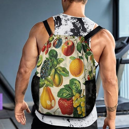 Drawstring Gym Backpack with Shoe Compartment And Wet Pocket, 28L Lightweight Waterproof Various Fruit Sports Backpack for Workout Swim Beach Travel String Bag for Men Women