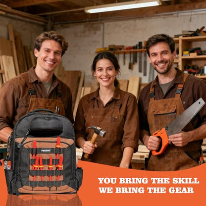 Tool Backpack for Electricians, HVAC, Technicians & Mechanics. Professional Tool Back Pack Bag with 4 Compartments, 39 Pockets, 31 MOLLE Loops, and Safety Goggles Box