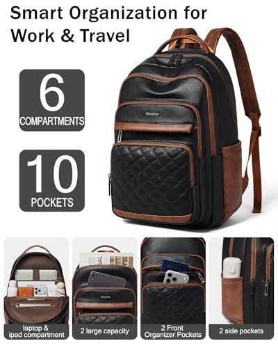 Bluome Work Backpack for Women Men, Laptop Vegan Leather Backpack Purse with 15.6–17 Inch Laptop, Multi-Pocket Bookbag for Office Travel Gym Weekend Overnight Bag, Black&Brown - color: Black&brown