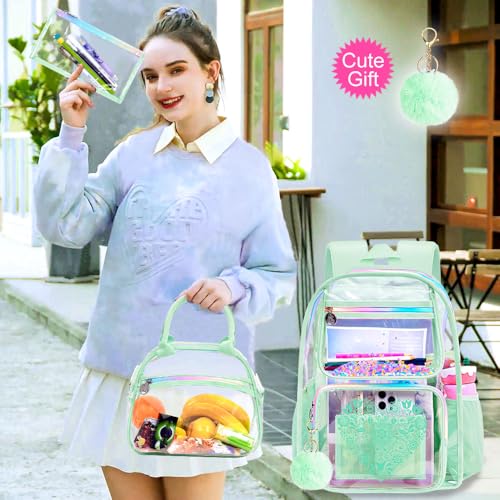 3PCS Clear Bookbag, Women’s Sequins Transparent Backpack Set, Cute Heavy Duty See-Through School Bag for Teens and Elementary Students – Flower Green Love - color: Flower Green Love Clear Backpack Set