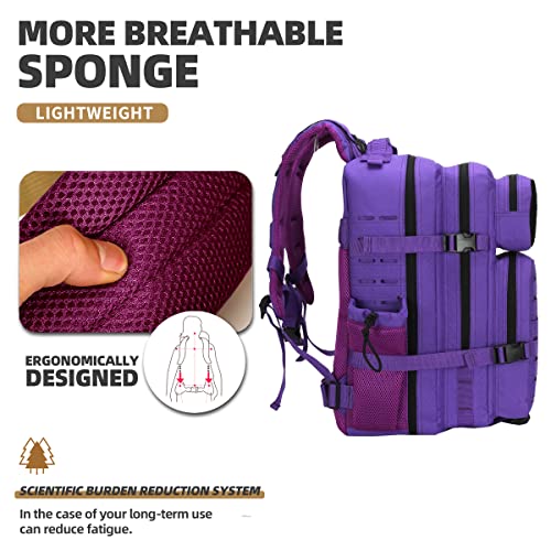 45L Military Tactical Backpacks 3 Days Assault PackBag Fitness Rucksack Hiking Molle Daypack (Purple) - color: Purple