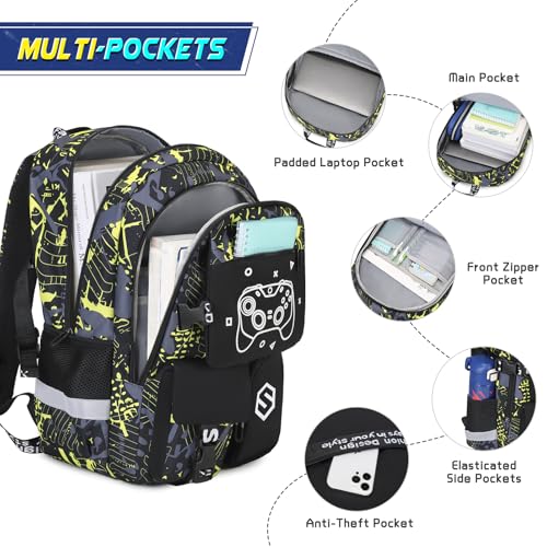 Scothen Boys Backpack, Cool Luminous School Backpacks for Boys with Lunch Bag Pencil Case, Kids Backpack Kindergarten Elementary Middle School Book Bags for Teen Boys Children with USB Charging Port - color: Yellow Graffiti