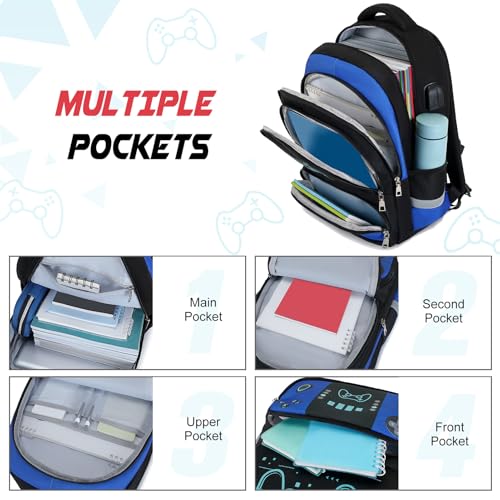 Bevalsa Backpack for School Boys, Cool Luminous Gamer Boys Schoolbag with Lunch Box & Pencil Case Set for Kids Teens Elementary Middle School, Bookbag Glow In The Dark(Blue Game Backpack) - color: Blue Game, style: Backpack