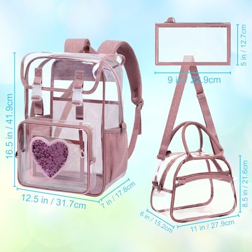 3Pcs Pink Clear Backpack for Girls, School Kids Transparent Bookbag Set, 17" Stadium Approved See Through Backpack with Lunch Box (Pink) - color: Clear Sequins Pink