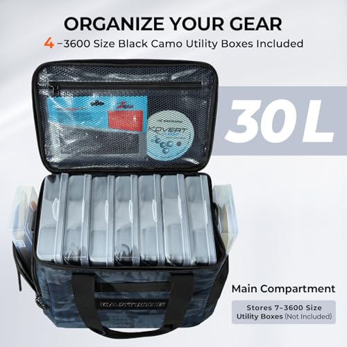 KastKing BaitSpace Fishing Tackle Bag With 4 Tackle Boxes & Removable Bait Binder, Water-Resistant Tackle Storage, Durable Fishing Gear, Adjustable Shoulder Strap - color: C: Blue Camo, size: Medium - 4*3600 Trays