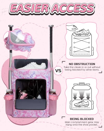 Baseball Softball Gear Bag for Boys Girls Ages 8-12 - color: Light Pink