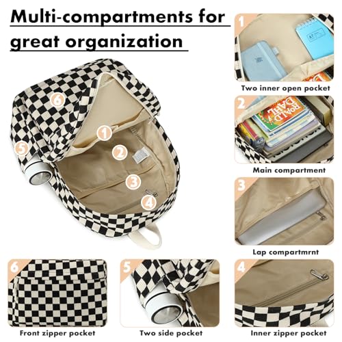 Bluboon School Backpack Set Girls Womens Laptop Bookbag Casual Daypack Fits 15 inch Laptop with Lunch Tote Bag and Pencil Bag - color: Corduroy Black Checkered 1