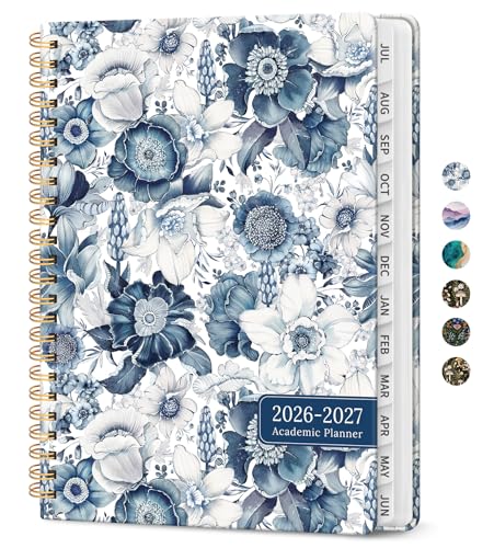 Planner 2026-2027, Academic Monthly and Weekly Calendar Planner for Women, July 2026 - June 2027, Hardcover Pretty Agenda Planner Book with Tabs, Spiral Daily Organizer for School Office Home Supplies, 8.5" x 11" - Blue Floral - color: A-Blue Floral, size