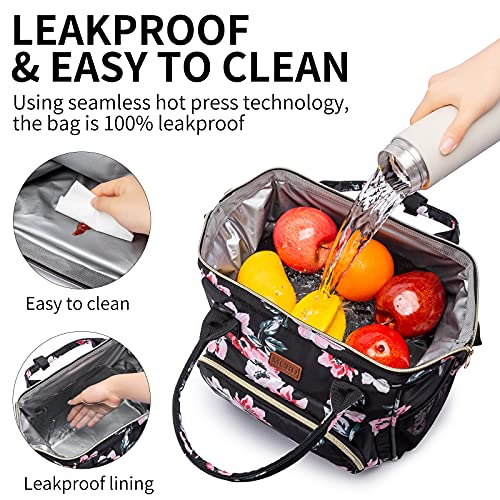 MCBD Lunch bags Insulated Lunch Box for Women,3 Carrying Way Large Tote Bag,Leakproof Reusable Cooler Backpack with Adjustable Shoulder Strap for Office Picnic Beach - color: A-Black Flower