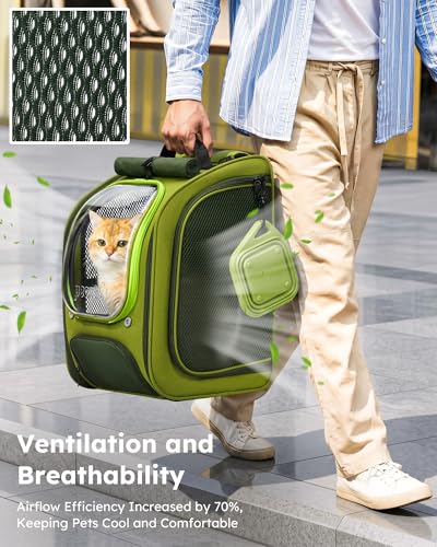 Pecute Cat Backpack Carrier,Large Space Cat Bubble Backpack,Ergonomic,Green | Color Blocking,Sunshade curtain,Folding bowl,Transparent window,Sturdy,Large mesh on both sides for breathability - color: Green-on-Green Color Blocking