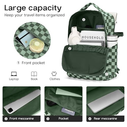 Checkered Backpack for Women Fashion Backpacks with Laptop and Multi Compartment for Travel and Work Bean Green Check - color: Bean Green Check