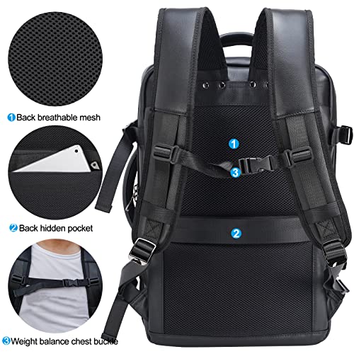 Masa Kawa Leather 15.6 Inch Laptop Backpack for Men Expandable 36L Business Travel Rucksack Daypack Weekender Bag - color: Black