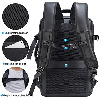 Masa Kawa Leather 15.6 Inch Laptop Backpack for Men Expandable 36L Business Travel Rucksack Daypack Weekender Bag - color: Black