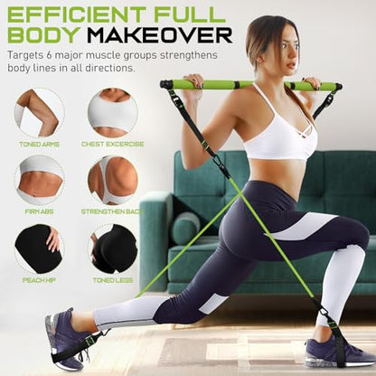 Pilates Bar Kit with Resistance Bands, Multifunctional Pilates Bar for Women & Men with Heavy-Duty Metal Adjustment Buckle, Pilates Home Equipment for Full BodyWorkouts - color: Green