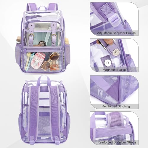 Heavy Duty Clear Backpack Stadium Approved Transparent Backpacks for School College Festival Work Travel (Lavender Purple) - color: Lavender Purple