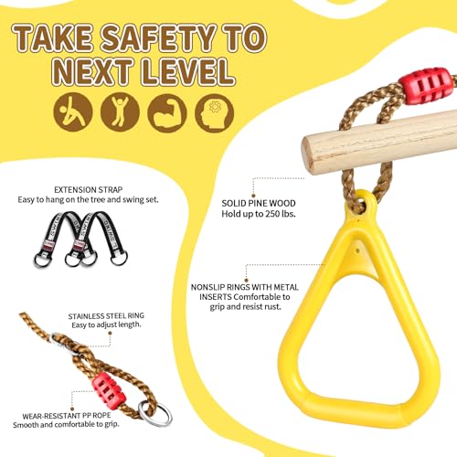 LadyRosian Wooden Trapeze Swing Bar, Adjustable Height Swing Set, Gym Rings, Playground Attachments, 16.5" Monkey Bar for Backyard, Playground, Playroom - color: Yellow