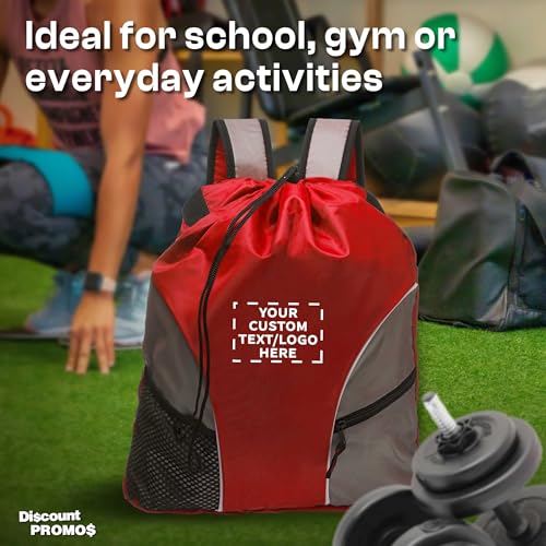 DISCOUNT PROMOS Custom Sporter Drawstring Backpacks Set of 1, Personalized Text, Logo, and Image - Cinch Bag, Gym Bag, Travel Backpack, Compact and Lightweight, Unisex Backpack - Red - color: - Custom - Red, size: 1 drawstring bag