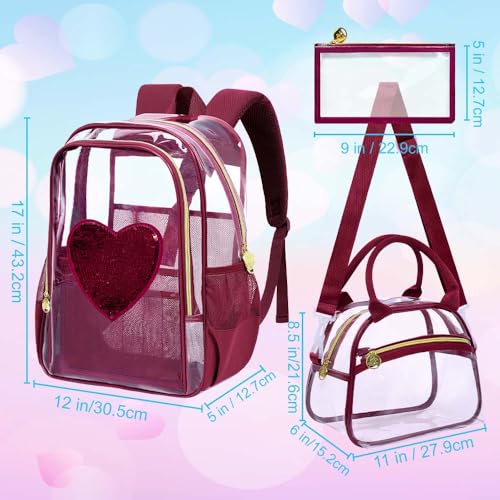gxtvo 3PCS Girls See Through Backpack Heavy-Duty Set for Women & Teen, 17" Transparent Bookbag for with Luxurious Gold Zipper, Wine Red Sequins Clear School Bag - color: Wine Red Sequins Clear Backpack Set