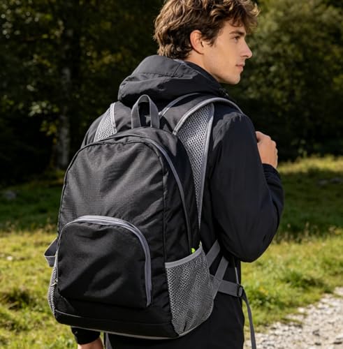 1 Pack Foldable Lightweight Black Backpack, Unisex Water Resistant Daypack, Durable Large Capacity Rucksack for Hiking Camping Travel Outdoor Use - color: Black