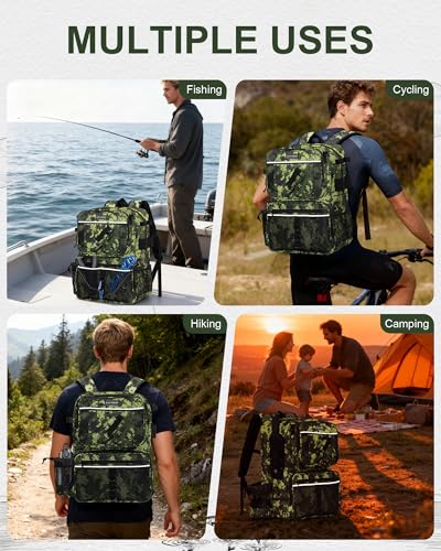 Fishing Backpack with Removable Bait Binder, Large Water Resistant Tackle Bag Storage Gear and Equipment for Fishing, Camping, Hiking, Green - color: Green Camo - Detachable