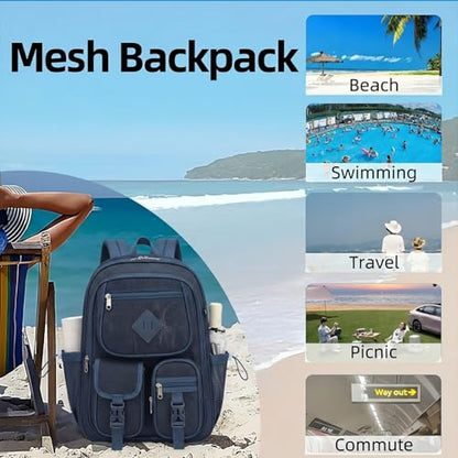 Mesh Backpack for Boys, Women Girls Mesh Bookbags Heavy Duty Semi-Transparent School Bag Net Back Pack for Travel, Beach, Swimming, Work - Navy Blue - color: Navy Blue