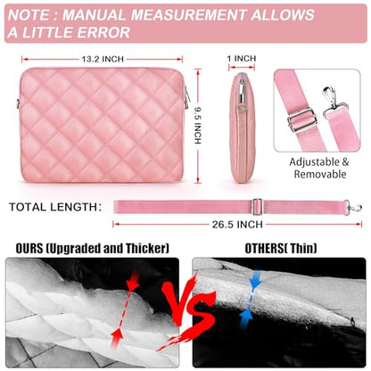 Puffy Quilted Laptop Sleeve with a Removable Shoulder Strap Compatible with MacBook Air 13 inch M2 A2681 M1 A2337 A2179 A1932 2023-2018/Pro 13 M2 M1 A2338 A2251 A2289 A2159 A1989 A1706 A1708 - color: Sleeve - Pink, size: 13 inch