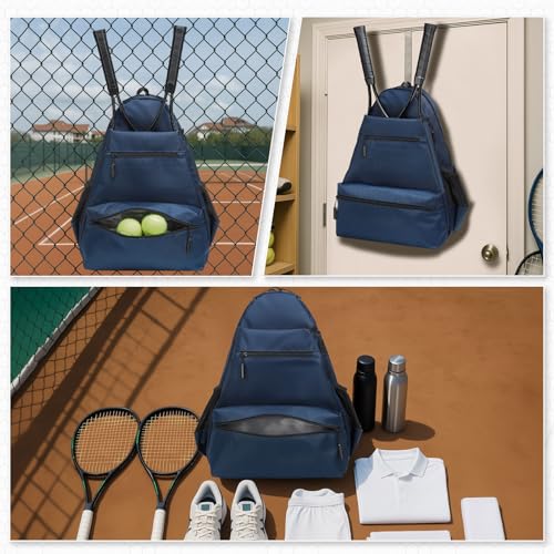 Tennis Backpack for Rackets, Waterproof Tennis Bag with Shoe Compartment, Wet/Dry Pocket, Fence Hook, for Tennis, Pickleball, Badminton - color: Blue