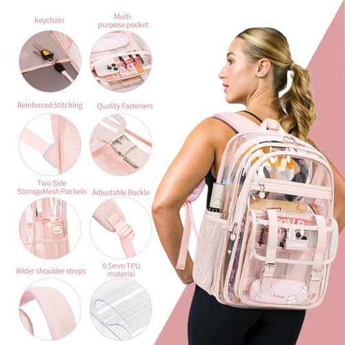 Cusangel TPU Pink Clear backpack for Girls women,18" See Through Heavy Duty Bookbag,warehouses, school and other security check locations (Pink) - color: Pink-18in