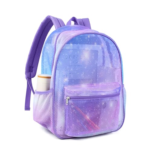 COVAX Mesh Backpack for School Heavy Duty See Through Net Bookbag Girls Boys Semi-Transparent Net Back Pack for Beach, Swimming, Sports, Work, Travel (Galaxy Purple) - color: Galaxy Purple