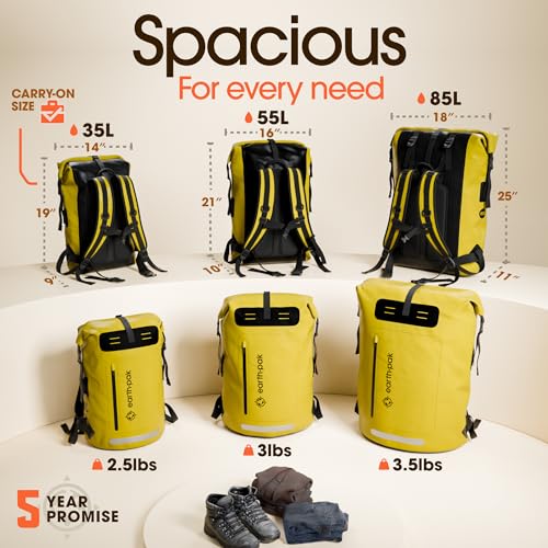 Earth Pak Waterproof Backpack - Heavy Duty Hiking Backpack - Roll-Top Closure Bag - Cushioned Dry Bag Waterproof Phone Case - color: Yellow, size: 35L