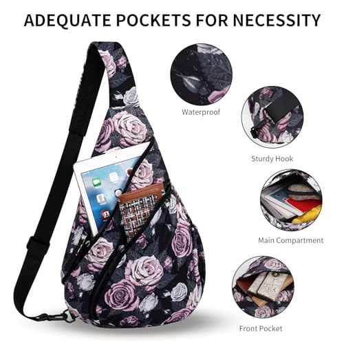 HUA ANGEL Crossbody Sling Bag for Men & Women Lightweight Waterproof Chest Shoulder Bag for Travel Hiking & Everyday Use - color: W-gray & Pink Rose