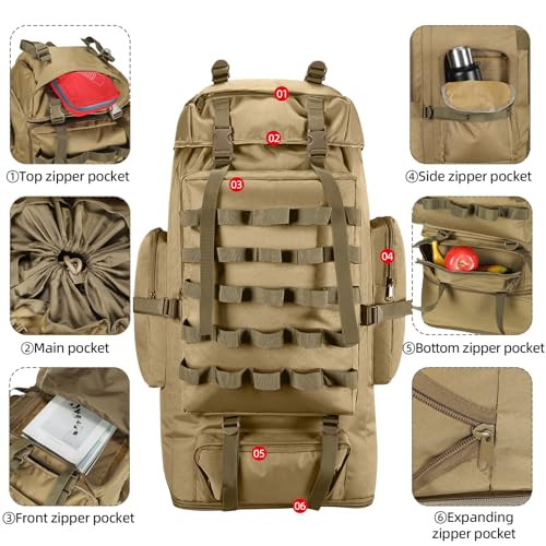 70L/100L Camping Hiking Backpack with Rain Cover, Expandable Large Military Tactical Backpack, Waterproof Molle Racksack Travel Backpacking Daypack for Climbing Trekking (Khaki) - color: Khaki
