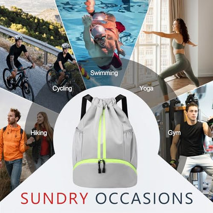 PinCute Drawstring Backpack for Women Men, Gym Bag for Soccer, Basketball, Swim, Beach, Water-Resistant Sports Backpack with Wet Pocket and Shoe Compartment, Grey - color: Grey