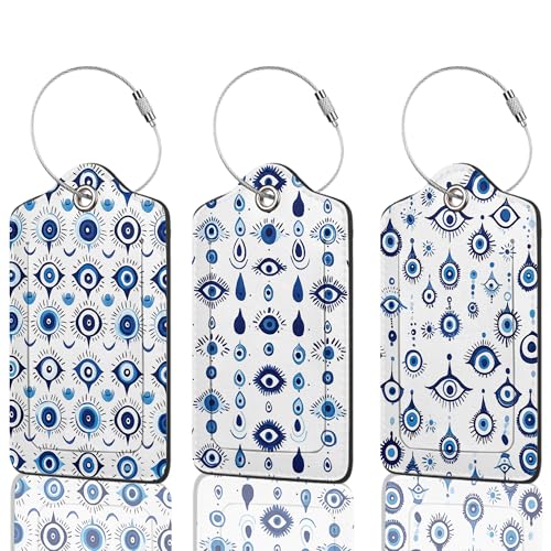 3 Pack Blue Evil Eye PU Leahter Luggage Tag with Stainless Steel Loop, Travel Suitcase Labels with Privacy Cover ID Label Quickly Spot for Bags - color: Blue Evil Eye