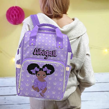 Newcos Personalized Crown Print Diaper Bag with Name Custom Africa Black Women Nappy Bags Travel Casual Mummy Backpack for Mom Women Purple - color: 230112-1