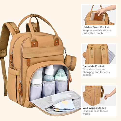 BabbleRoo Diaper Bag Backpack - Baby Essentials Travel Tote - Multi function Water Resistant Diaper Bag, Travel Essentials Baby Bag with Changing Pad, Stroller Straps & Pacifier Case - Unisex, Beige | Baby Essentials Travel Tote - color: Light Brown, size