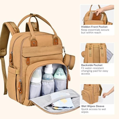 BabbleRoo Diaper Bag Backpack - Baby Essentials Travel Tote - Multi function Water Resistant Diaper Bag, Travel Essentials Baby Bag with Changing Pad, Stroller Straps & Pacifier Case - Unisex, Beige | Baby Essentials Travel Tote - color: Light Brown, size