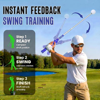 5-in-1 Golf Swing Trainer for Right-Handed Golfers with Click Feedback, Retractable Training Aid, Grip Trainer & Arm Band, Improve Tempo & Swing Path, Indoor Outdoor Practice - color: Blue