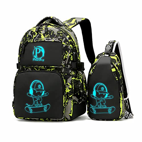 Kids Backpack for School, Boys Backpacks with USB Charging Port, College Elementary School Bookbag Lightweight Laptop Bag with Sling Bag, Green - style: Skateboard-green
