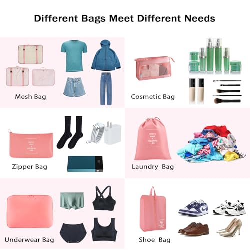 8 Set Packing Cubes for Suitcases, INVODA Travel Luggage Packing Organizers with Laundry Bag, Compression Storage Shoe Bag, Clothing Underwear Bag (Pink) - color: Pink
