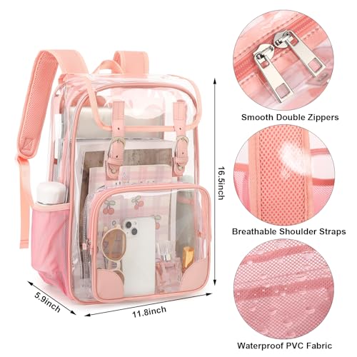 Fuyicat Clear Backpack Heavy Duty PVC Transparent Girls Kids School Backpacks Stadium Approved See Through College Bookbag for Women (Pink) - color: Pink