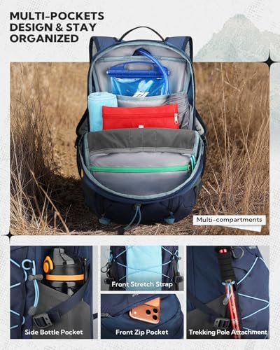 WATERFLY 20L Small Hiking Backpack for Women Men, Lightweight Breathable Back Panel, Chest Strap with Whistle, Fits 2L Water Bladder, Multi-Pocket Bag for Hiking Camping Travel Trekking Outdoor - color: Blue
